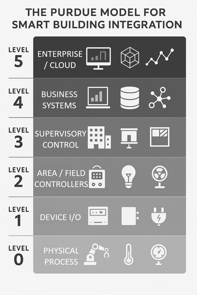 Purdue Model mapped from enterprise and cloud levels to field devices and physical systems