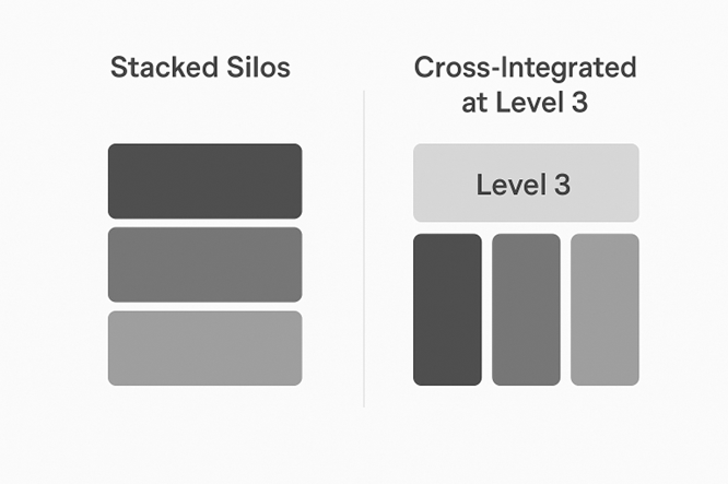 Diagram contrasting stacked and siloed approaches to building technology